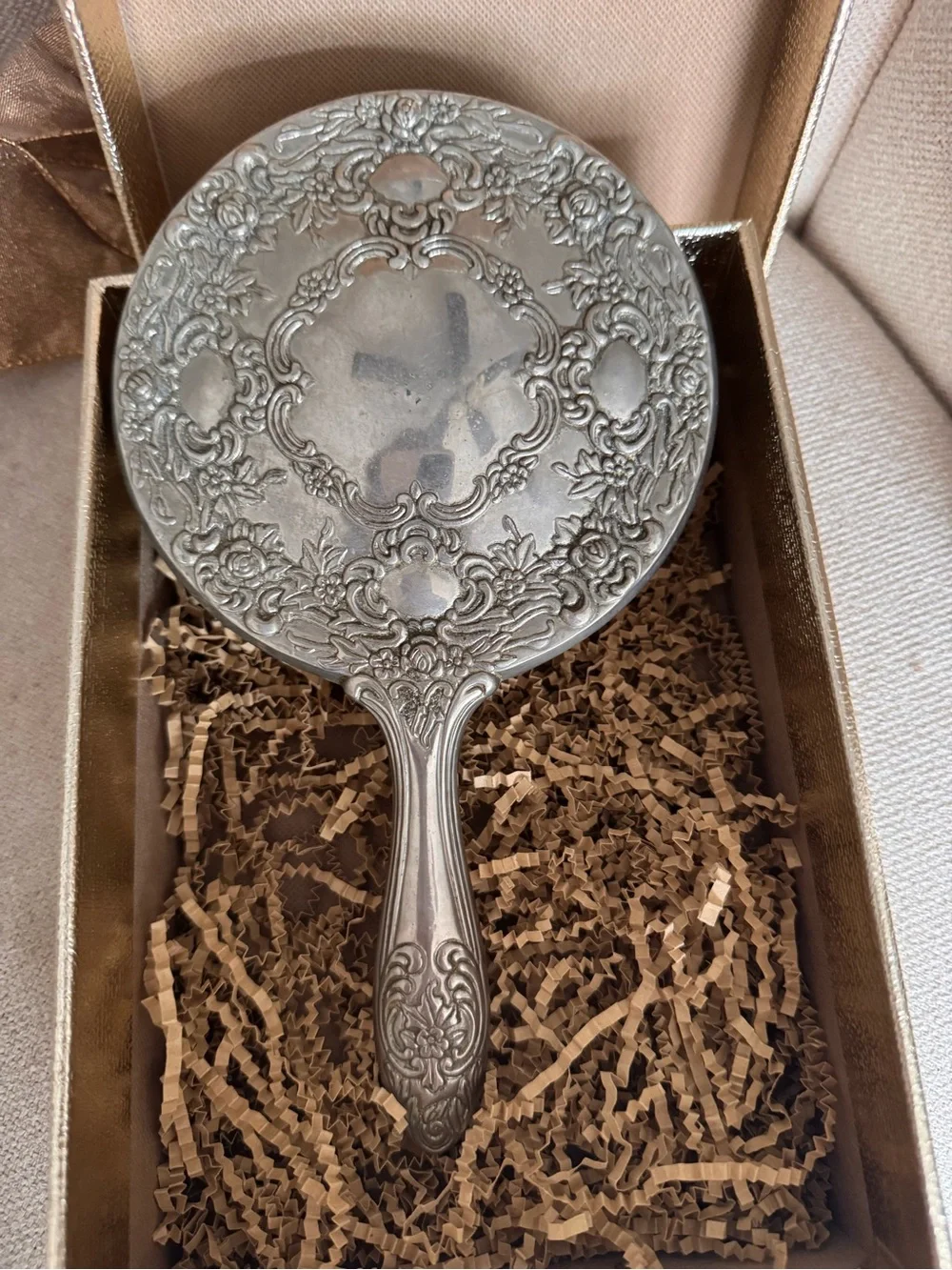 Vintage Silver Plated Victorian Style Vanity Hand Mirror Ornate Floral